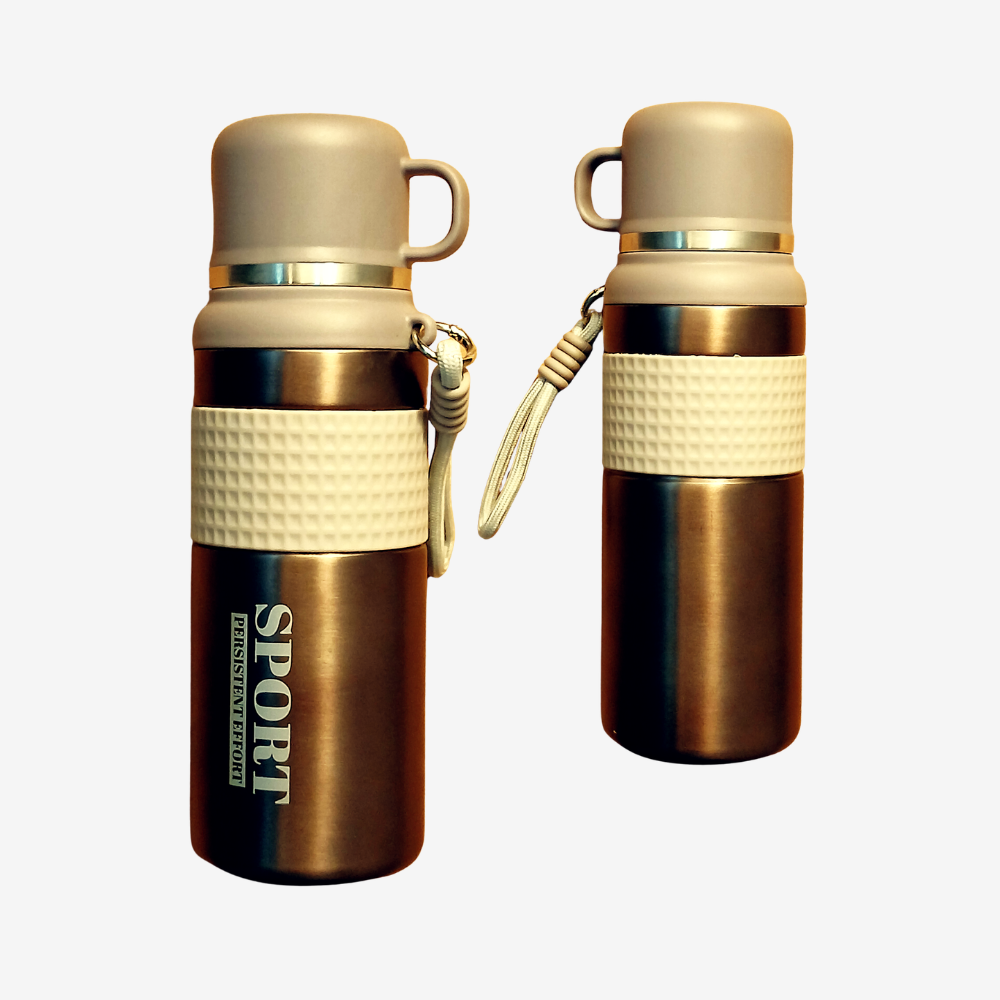 Sport Thermos Bottle with Cup Lid – Brushed Steel & White