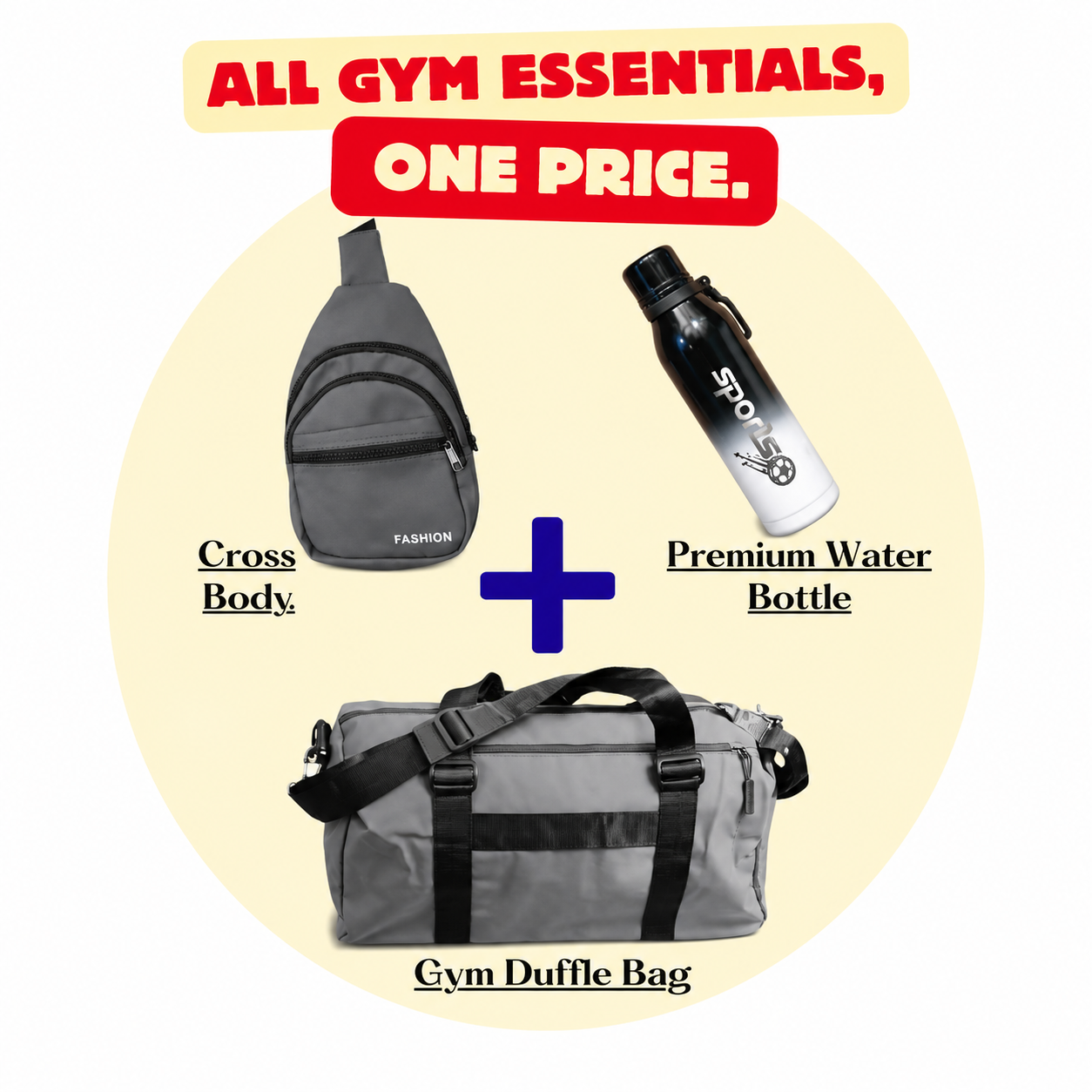 Gym Essentials Pack 3 – Grey Duffle Bag, Sling Crossbody & Sports Bottle Bundle | Good Well Luggage