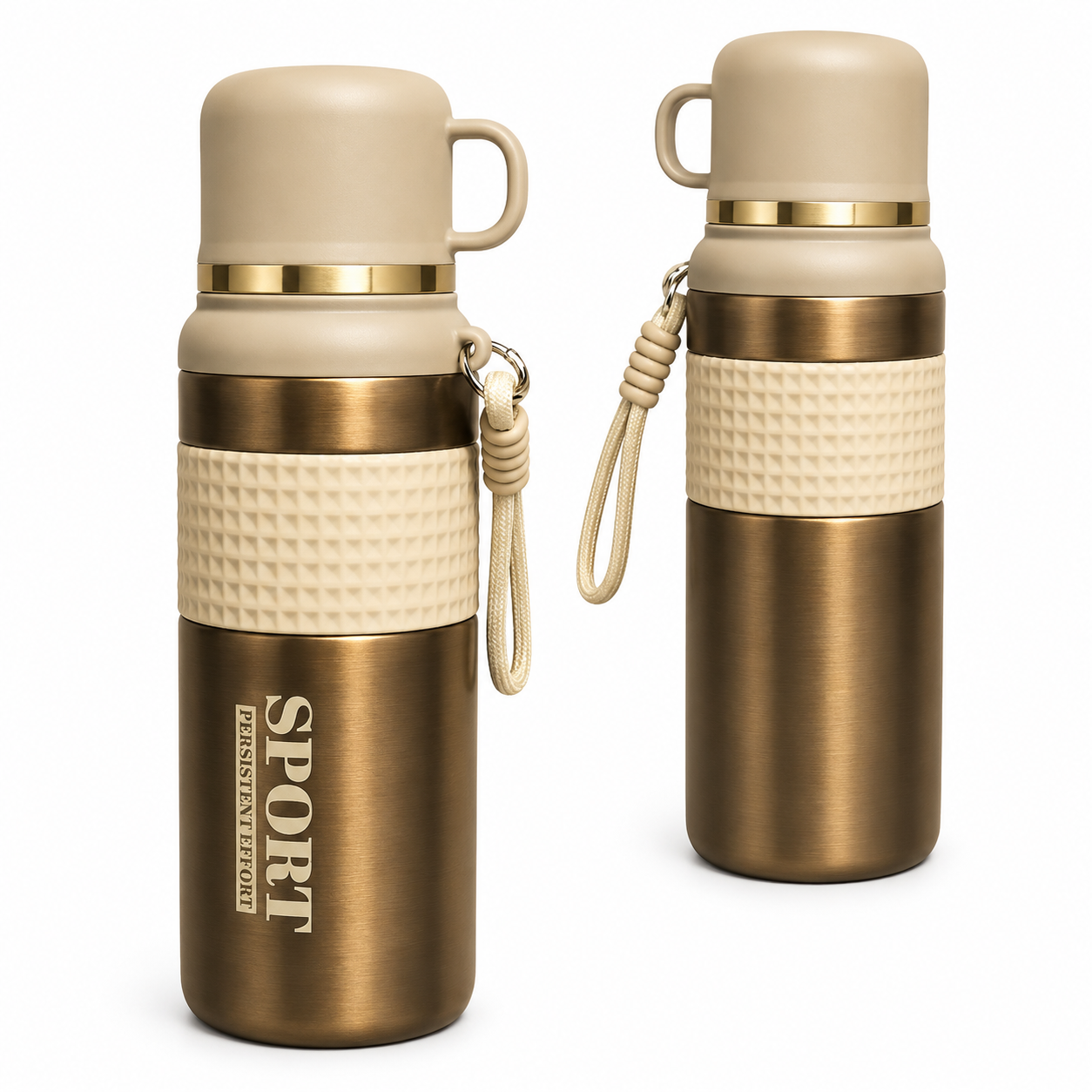 Sport Thermos Bottle with Cup Lid – Brushed Steel & White